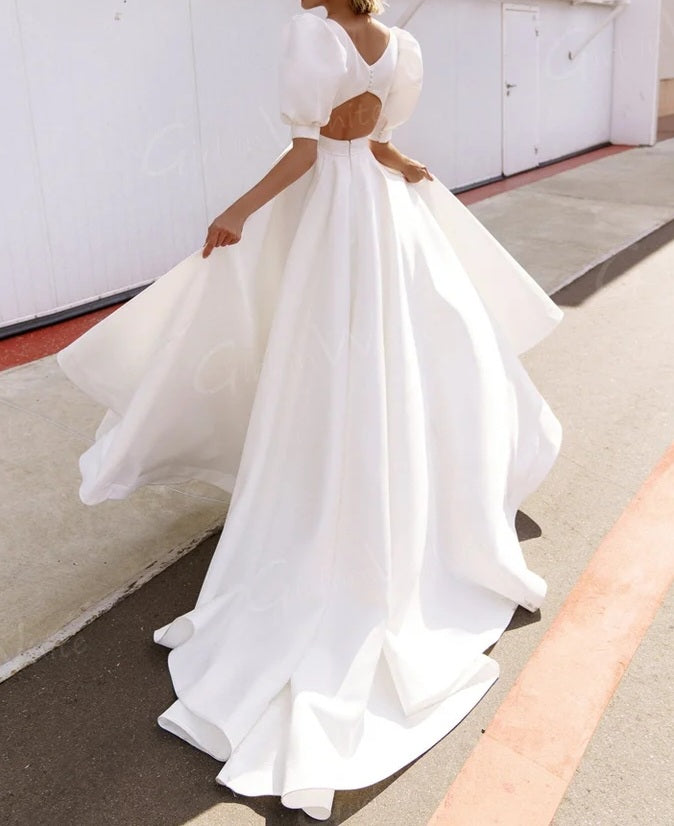 Satin Puff Sleeve Wedding Gown