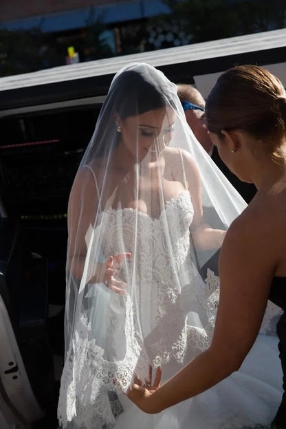 Vintage Lace Trim Chapel/Church Wedding Veil w/ Blusher