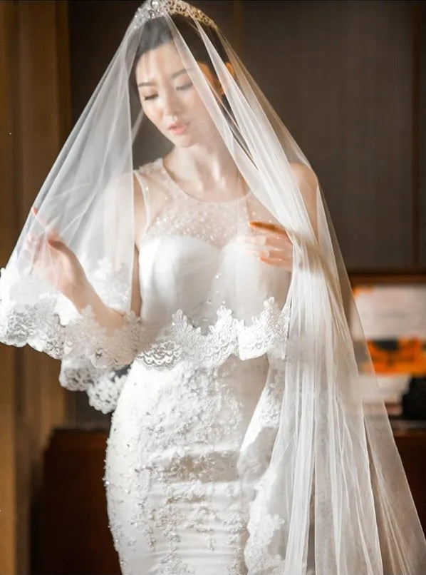 Lace Trim Chapel Mantilla Wedding Veil w/ Blusher