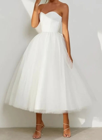 Strapless Satin & Tulle Tea Length Wedding Dress