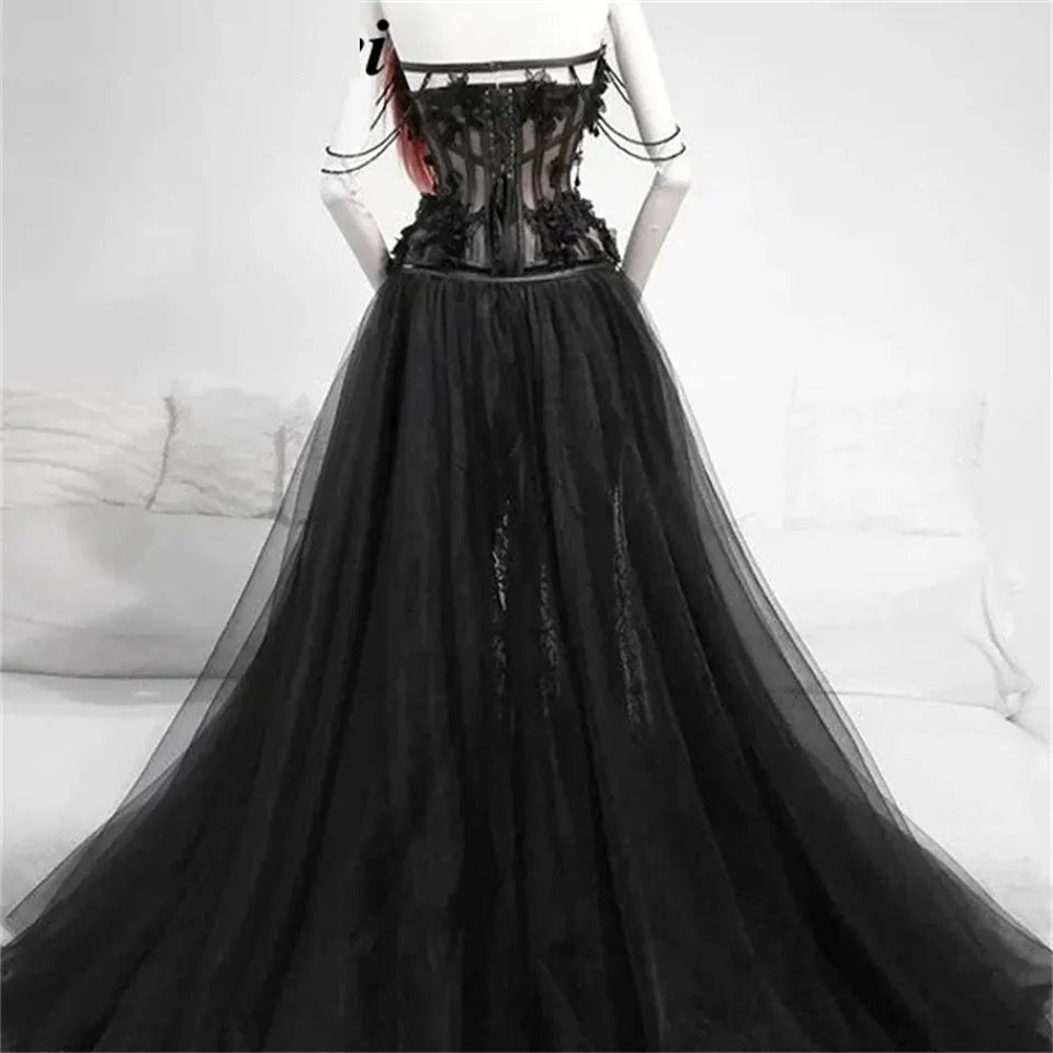 Beaded Applique Tulle A Line Gothic Wedding Gown All Sizes/Colors