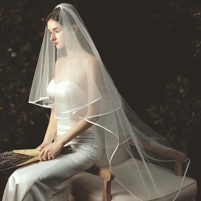 Elegant Satin Trimmed  Knee Length Wedding Veil w/ Blusher