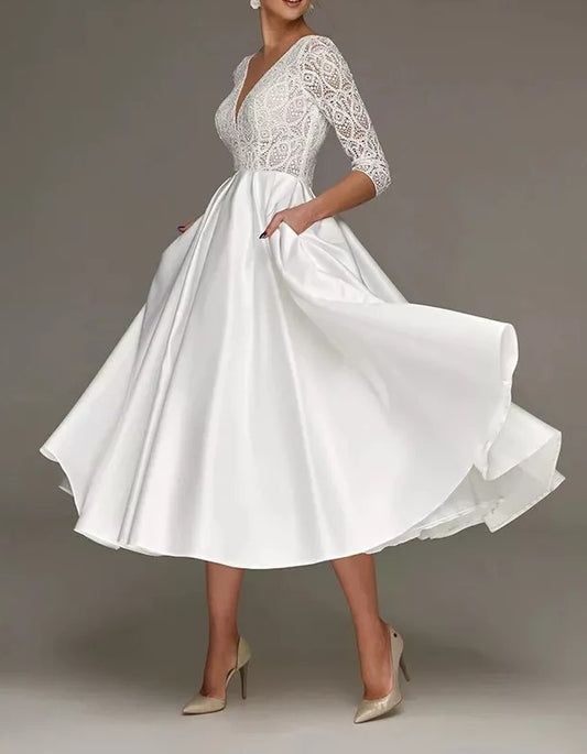 Lace/Satin Long Sleeved Tea Length Wedding Dress All Sizes/Colors