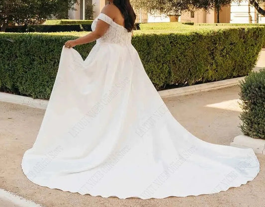 Off Shoulder Romantic Lace/Satin A Line Wedding Gown All Sizes/Colors