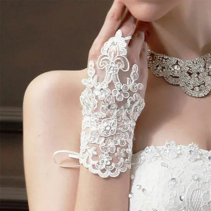 Sequined Lace Fingerless Wrist Wedding Gloves