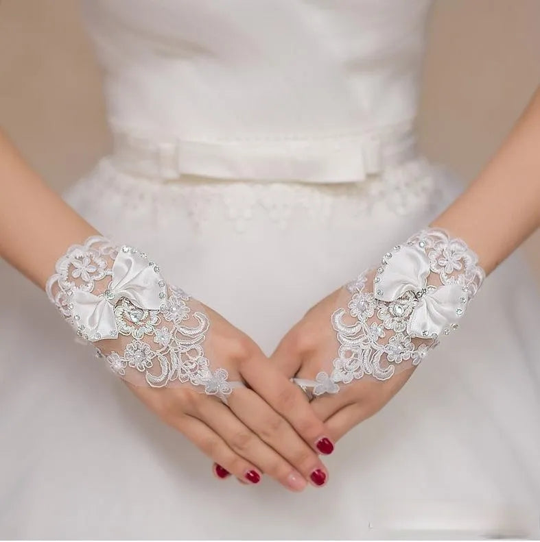 Rhinestone Lace Satin Bow Fingerless Wedding Gloves