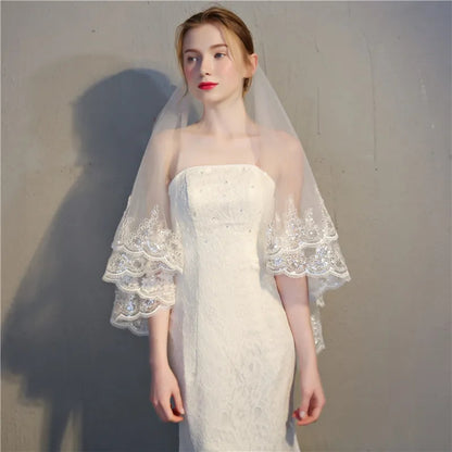 Sequin Lace Edge Waist Wedding Veil w/ Blusher