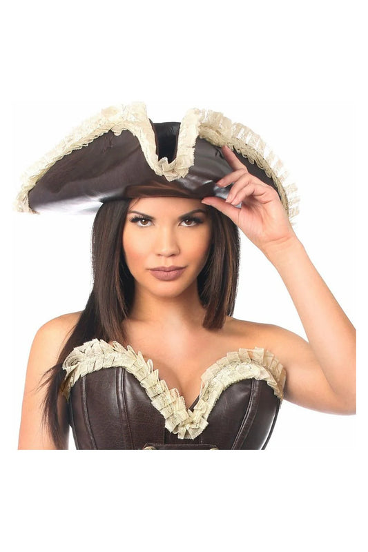 Dark Brown Faux Leather w/Cream Lace Pirate Hat