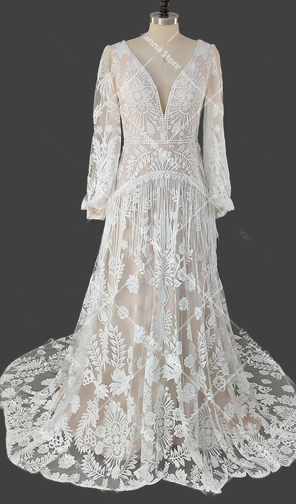 Custom Floral/Leaf Lace Boho Style A Line Wedding Gown All Sizes/Colors