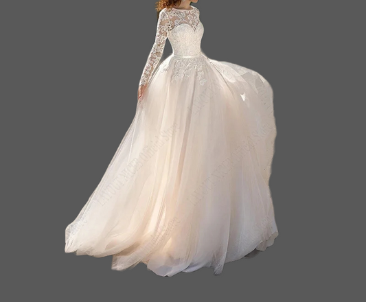 Lace & Tulle Long Sleeve Flowy A Line Wedding Gown All Sizes