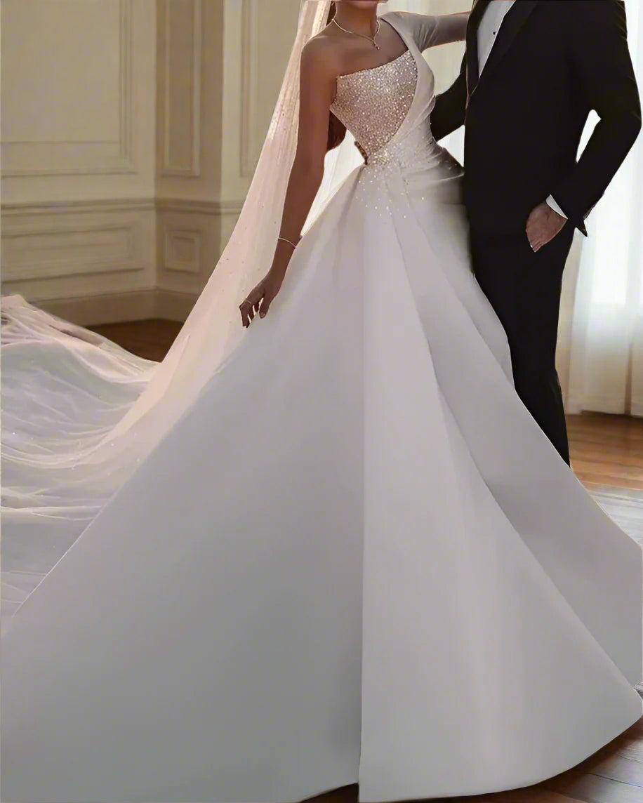 Dramatic Cathedral Sparkle Satin Wedding Gown All Sizes/Colors