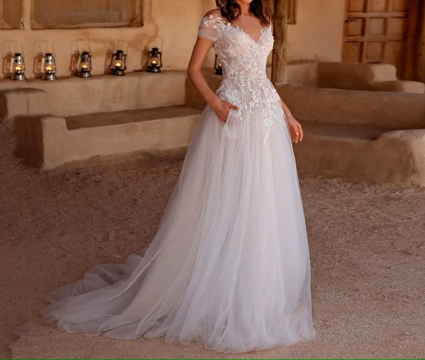 Ophelia Pearled Lace Applique/Tulle Wedding Gown All Sizes/Colors