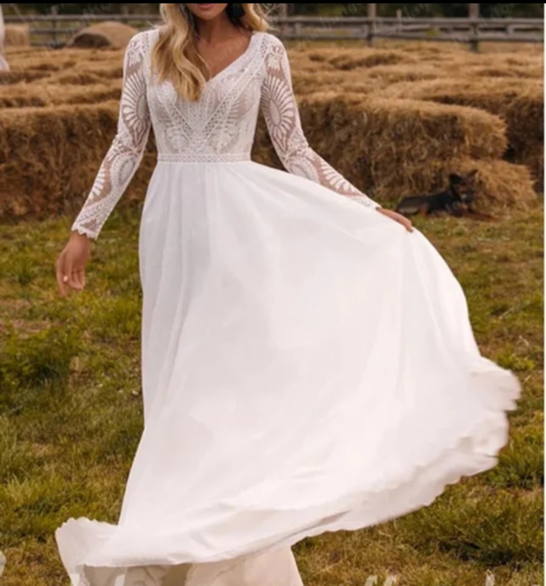 Boho Chiffon/Lace A Line Wedding Gown