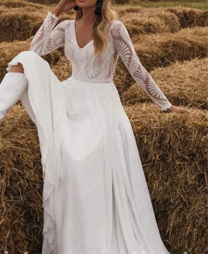 Boho Chiffon/Lace A Line Wedding Gown