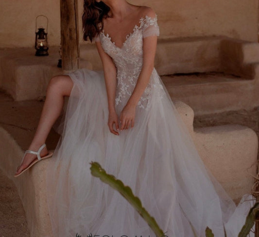 Ophelia Pearled Lace Applique/Tulle Wedding Gown All Sizes/Colors