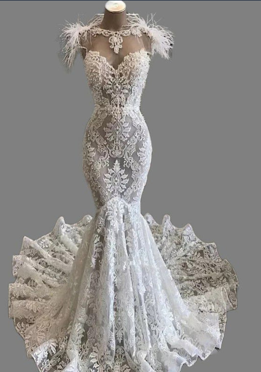 Pearled Lace Applique Mermaid Wedding Gown All Sizes