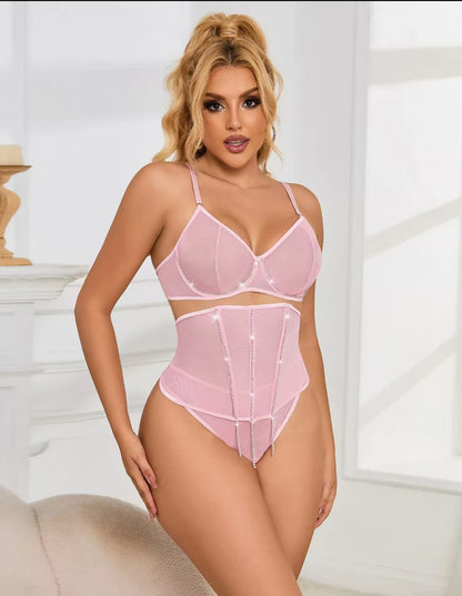 Queen Dazzling Sheer Mesh Bra Waspie Set