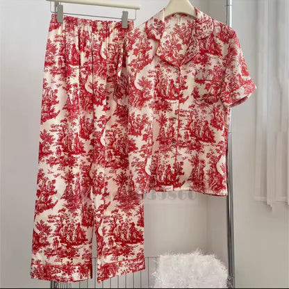 French Printed Satin Classic Pajama Set