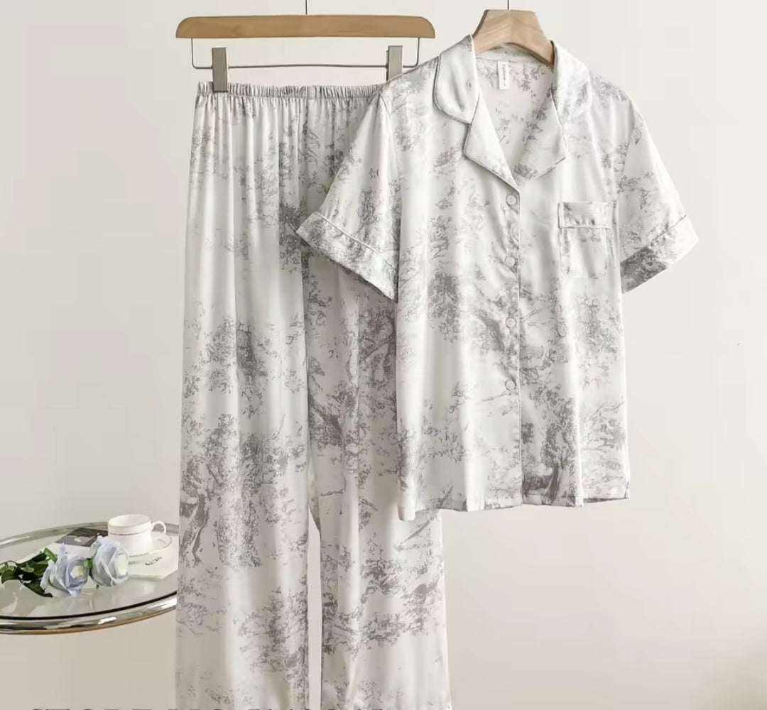 French Printed Satin Classic Pajama Set