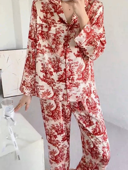 French Printed Satin Classic Pajama Set