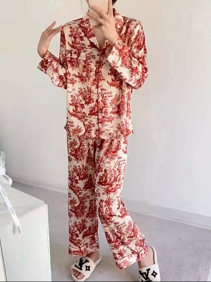 French Printed Satin Classic Pajama Set