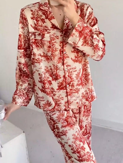 French Printed Satin Classic Pajama Set