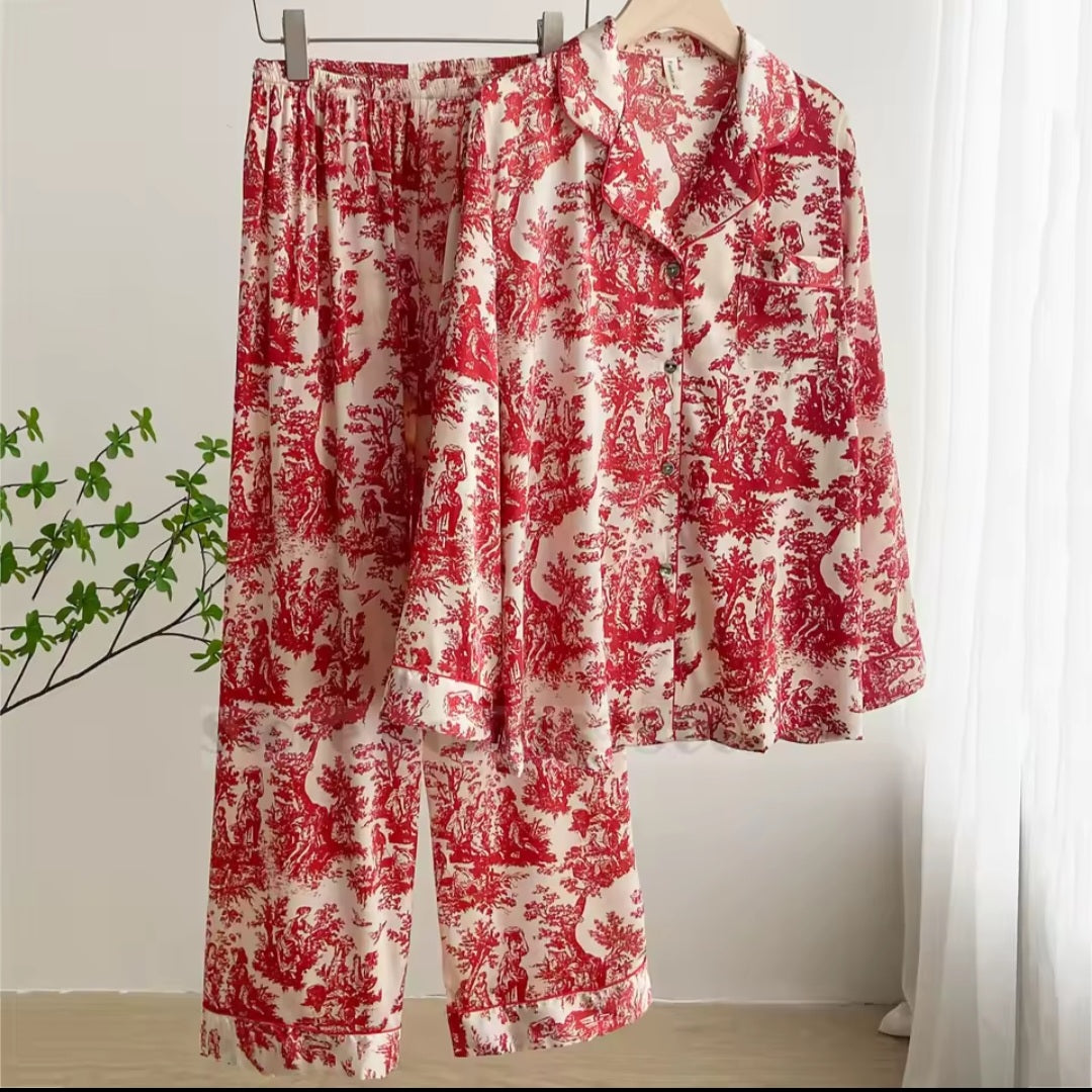 French Printed Satin Classic Pajama Set