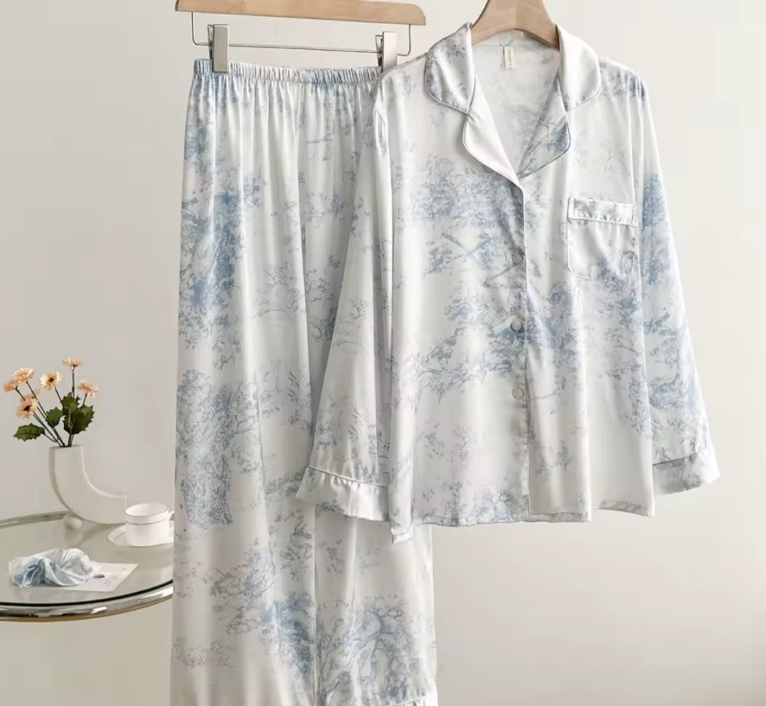 French Printed Satin Classic Pajama Set