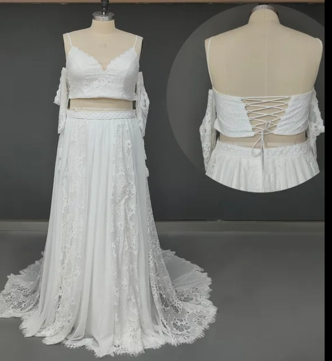 Custom Lace & Chiffon Boho Style 2 Piece Wedding Dress Set All Sizes/Colors