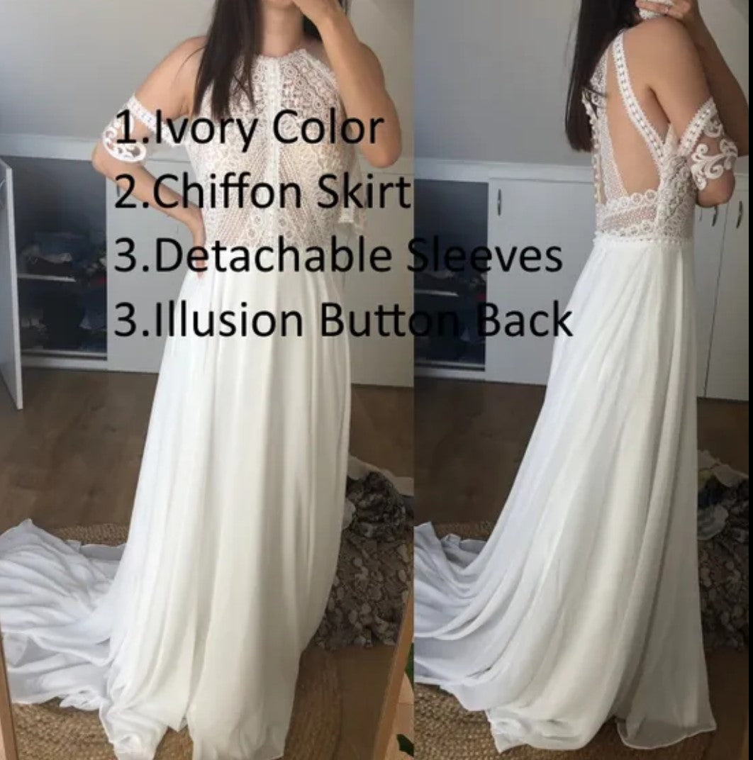 Custom Lace/Satin A Line Boho Wedding Gown All Sizes/Colors