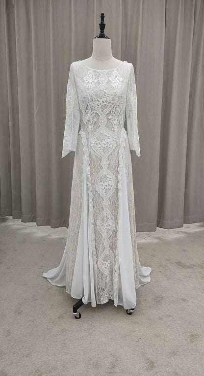 Custom Lace/Chiffon Boho Relaxed A Line Wedding Gown All Sizes/Colors