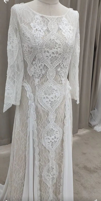 Custom Lace/Chiffon Boho Relaxed A Line Wedding Gown All Sizes/Colors