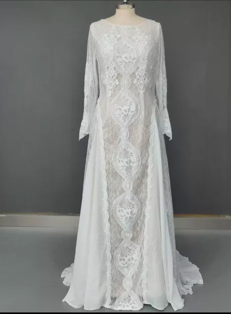 Custom Lace/Chiffon Boho Relaxed A Line Wedding Gown All Sizes/Colors