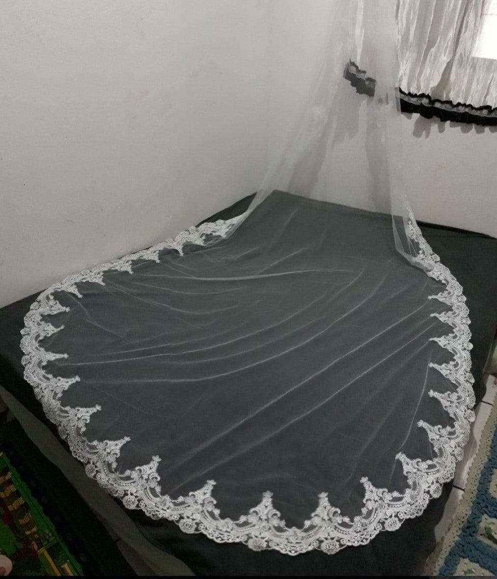 Embroidered Lace Edge Chapel Length Wedding Veil