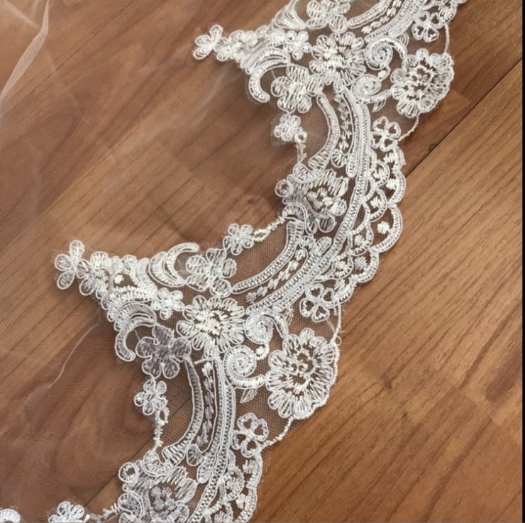 Embroidered Lace Edge Chapel Length Wedding Veil