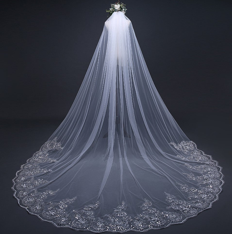 Sequin Lace Edge Chapel/Church Wedding Veil