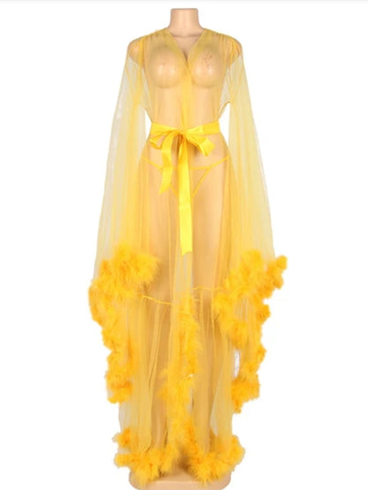 Feather Trim Sheer Dressing Gown