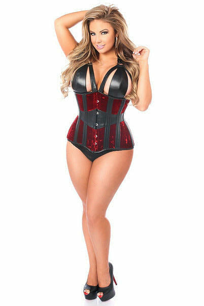 Queen Size Top Drawer Faux Leather/Velvet Peek Cup Corset