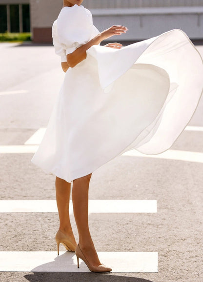 Satin Puff Sleeve Tea Length Wedding Dress