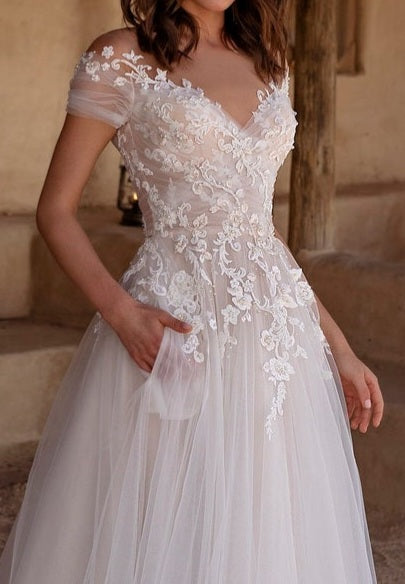 Ophelia Pearled Lace Applique/Tulle Wedding Gown All Sizes/Colors