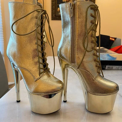 Uma-709 Lace-Up Metallic Platform Ankle Boots