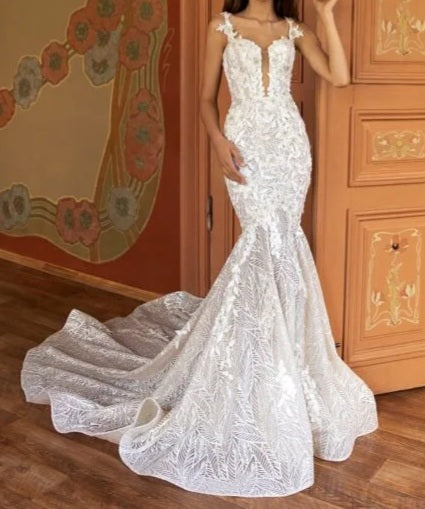 Pearl & Sequined 3D Flower Mermaid Wedding Gown All Sizes