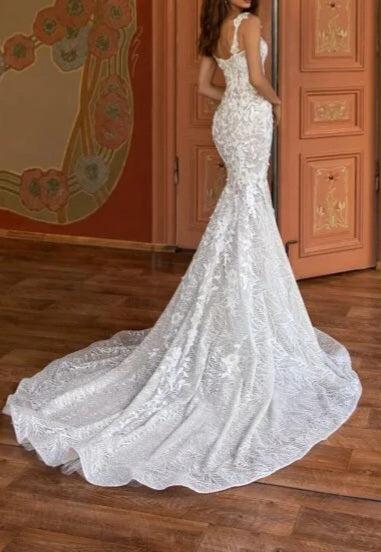 Pearl & Sequined 3D Flower Mermaid Wedding Gown All Sizes