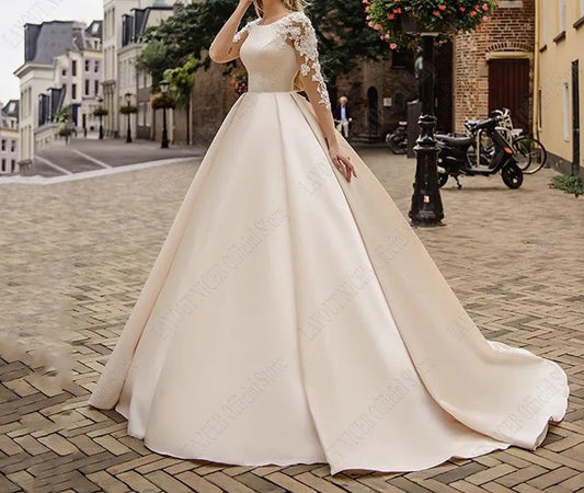 Elegant Satin/Lace Long Sleeved A Line Wedding Gown All Sizes/Colors