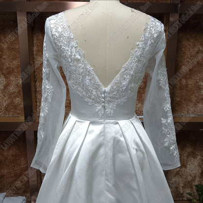 Elegant Satin/Lace Full A Line Long Sleeved Wedding Gown All Sizes/Colors