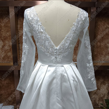 Elegant Satin/Lace Full A Line Long Sleeved Wedding Gown All Sizes/Colors