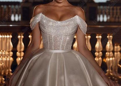 Glamorous Sequined Tulle/Satin Off Shoulder Ball Wedding Gown All Sizes/Colors