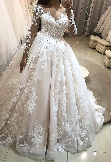 Paisley Lace Long Sleeved Ball Wedding Gown All Sizes/Colors