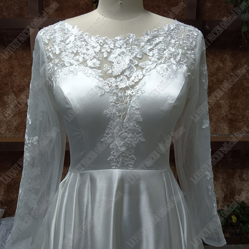 Elegant Satin/Lace Full A Line Long Sleeved Wedding Gown All Sizes/Colors