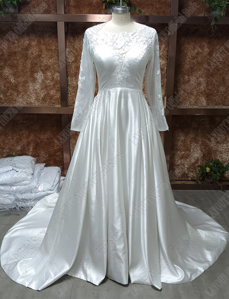 Elegant Satin/Lace Full A Line Long Sleeved Wedding Gown All Sizes/Colors